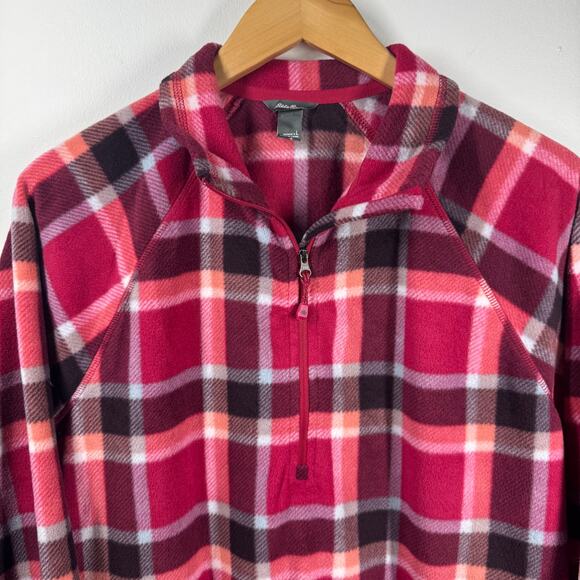 Eddie Bauer Fleece Sweater Women L Pink Plaid 1/4 Zip Long Sleeve Spring Outdoor - Picture 3 of 8